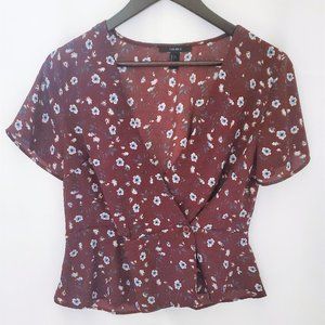 Forever 21 Flowy Floral Printed Low-Cut Short Sleeve Top Size L